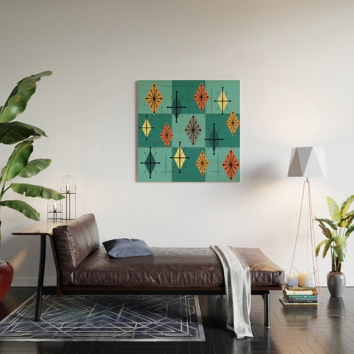 Mid Century Modern Starburst Diamonds Turquise & Teal Wood Wall Art Gallery Image 2
