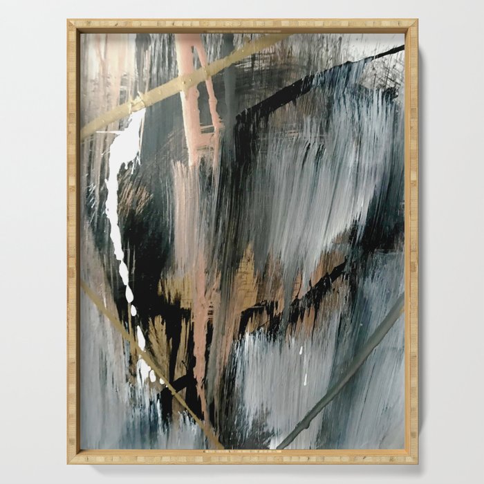 01025: a neutral abstract in gold, black, and white Serving Tray Gallery Image 1
