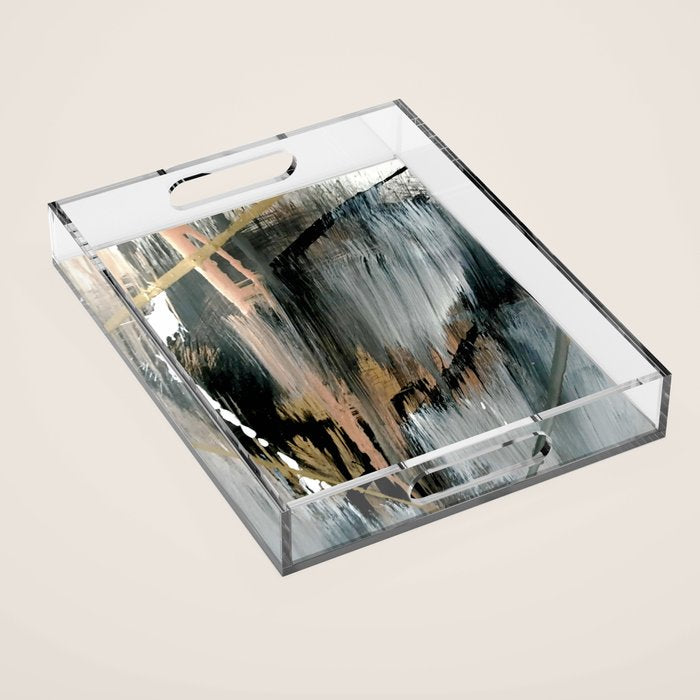 01025: a neutral abstract in gold, black, and white Acrylic Tray Gallery Image 1