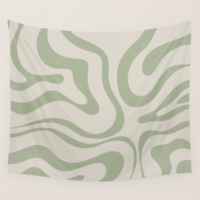Liquid Swirl Abstract Pattern in Almond and Sage Green Wall Tapestry Gallery Image 4