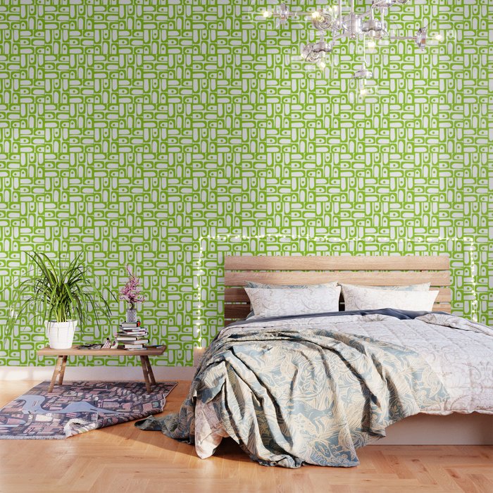 Mid Century Modern Abstract Lime Green and White Piquet Multi Pattern Wallpaper Gallery Image 1