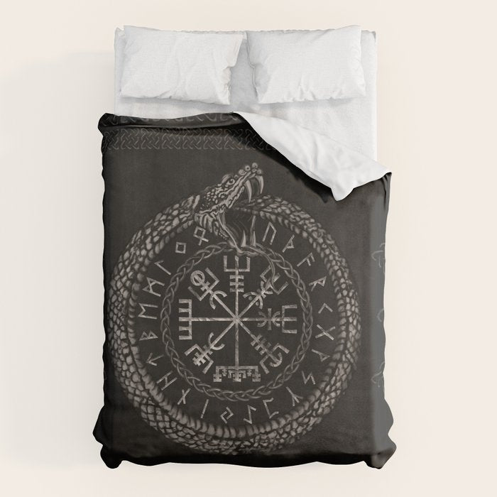 Vegvisir with Ouroboros and runes Duvet Cover Gallery Image 1