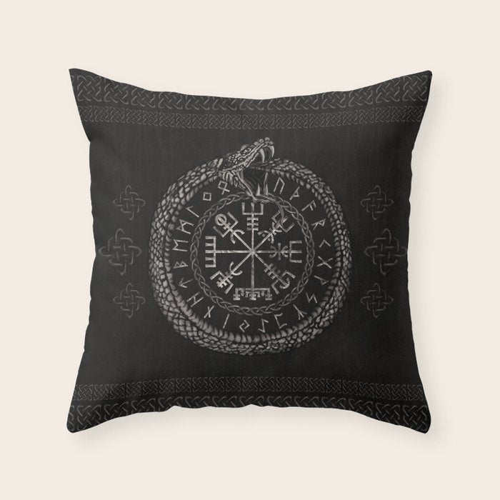 Vegvisir with Ouroboros and runes Throw Pillow Gallery Image 6