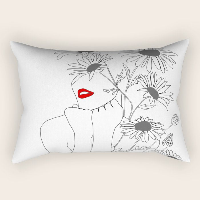 Minimal Line Art Girl with Sunflowers Rectangular Pillow Gallery Image 1