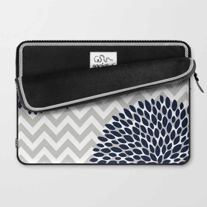 Chevron Floral Modern Navy and Grey Laptop Sleeve Gallery Image 2