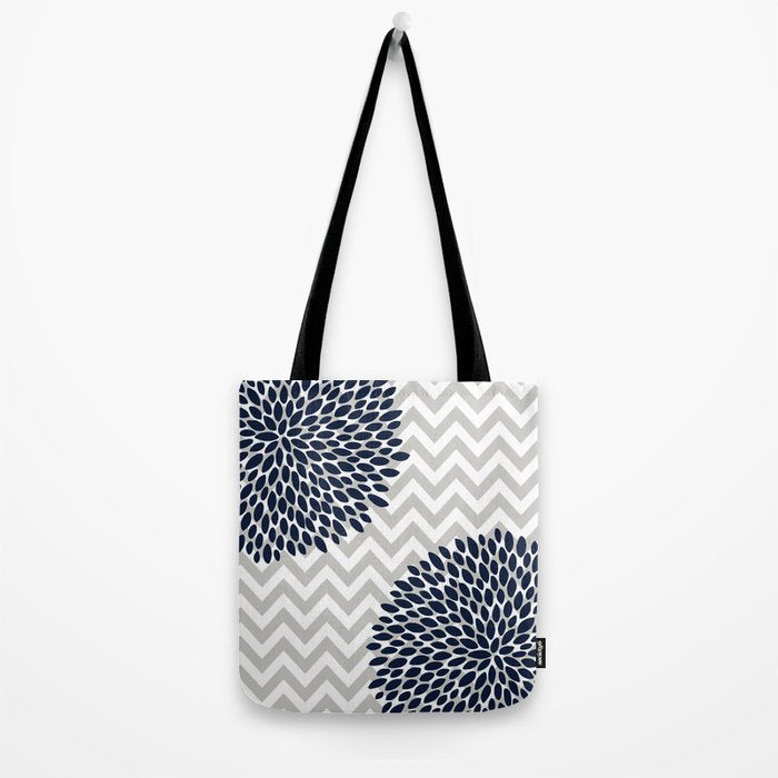 Chevron Floral Modern Navy and Grey Tote Bag Gallery Image 2