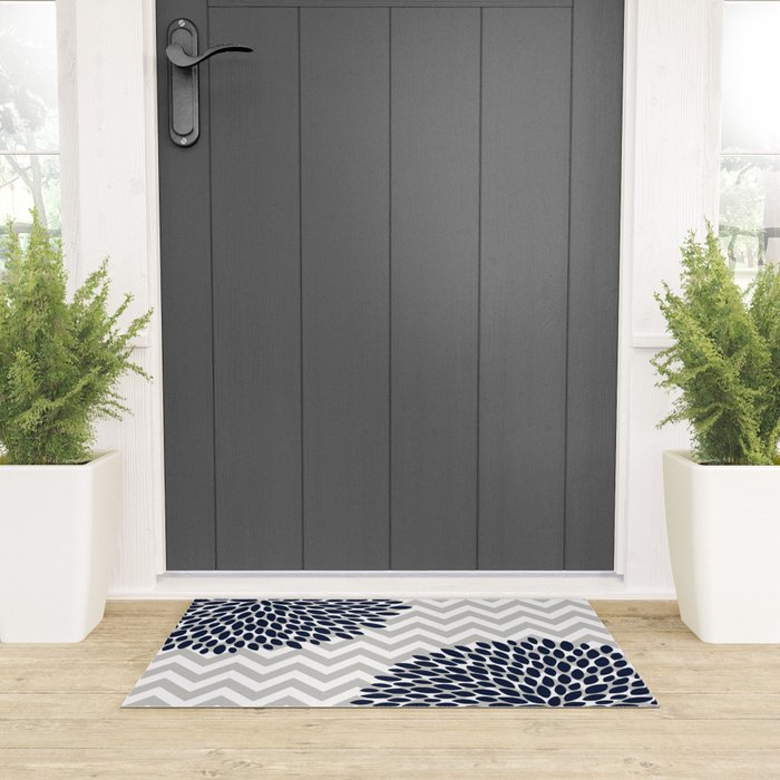 Chevron Floral Modern Navy and Grey Welcome Mat Gallery Image 3