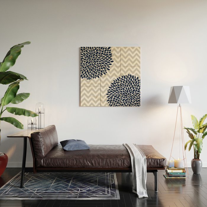 Chevron Floral Modern Navy and Grey Wood Wall Art Gallery Image 2