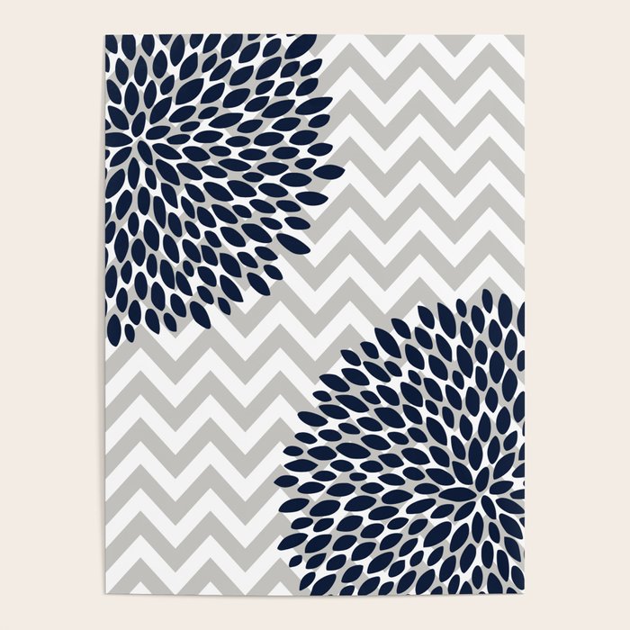 Chevron Floral Modern Navy and Grey Poster Gallery Image 1