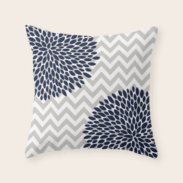 Chevron Floral Modern Navy and Grey Throw Pillow Gallery Image 6