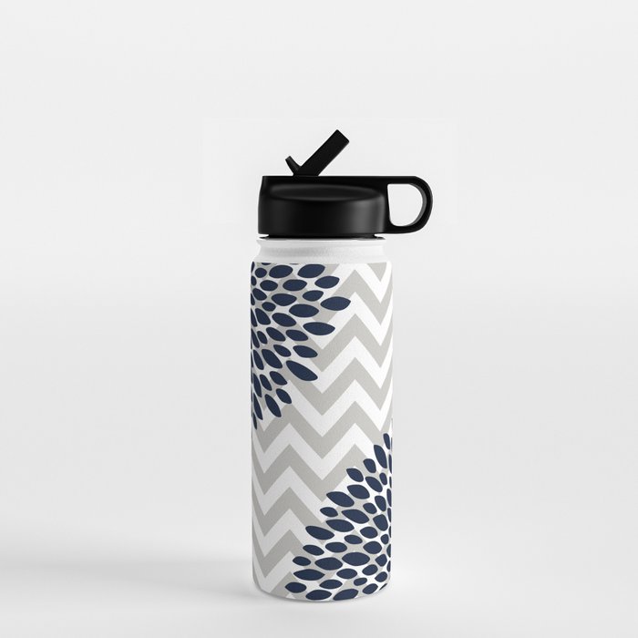 Chevron Floral Modern Navy and Grey Water Bottle Gallery Image 1