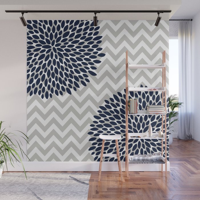 Chevron Floral Modern Navy and Grey Wall Mural Gallery Image 1
