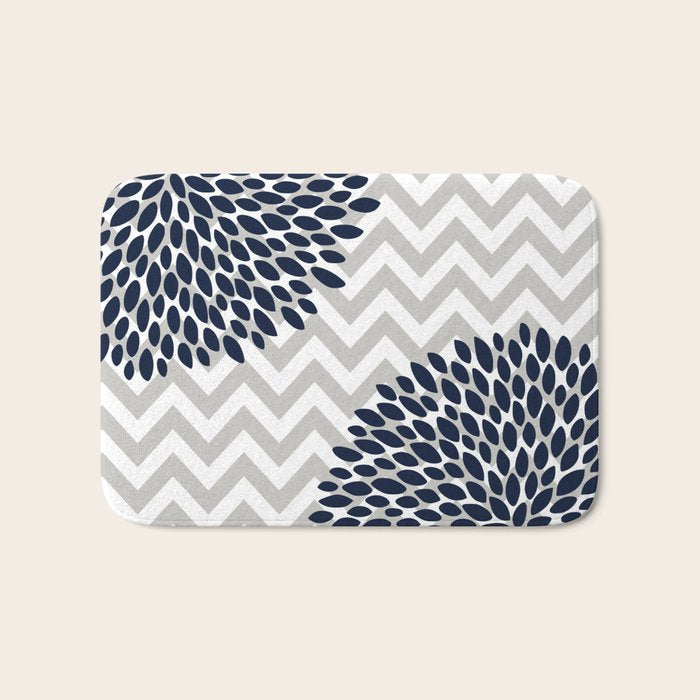 Chevron Floral Modern Navy and Grey Bath Mat Gallery Image 1