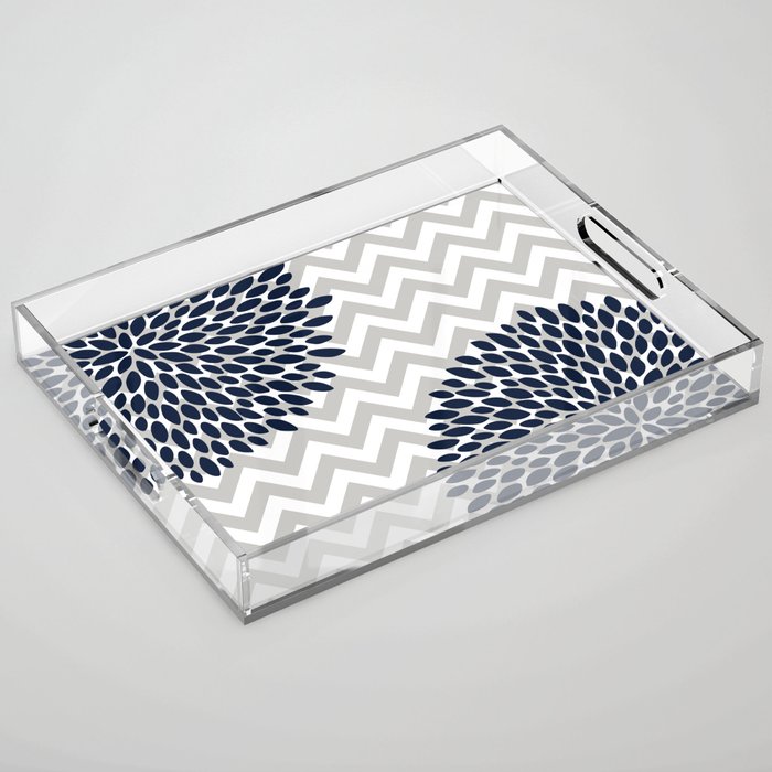 Chevron Floral Modern Navy and Grey Acrylic Tray Gallery Image 1