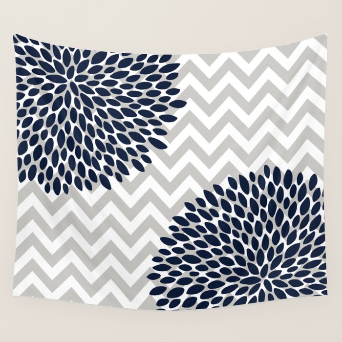 Chevron Floral Modern Navy and Grey Wall Tapestry Gallery Image 4