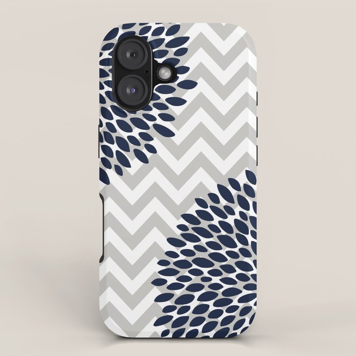 Chevron Floral Modern Navy and Grey iPhone Case Gallery Image 1