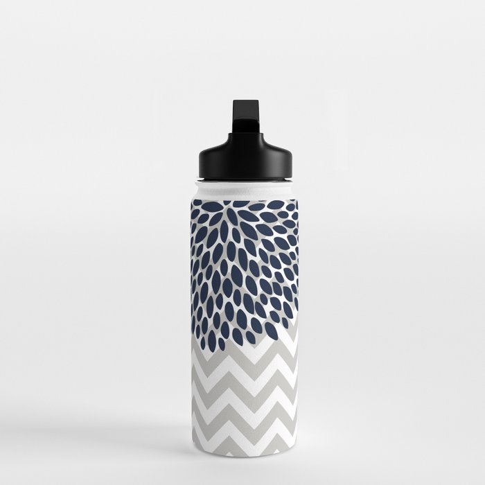 Chevron Floral Modern Navy and Grey Water Bottle Gallery Image 3