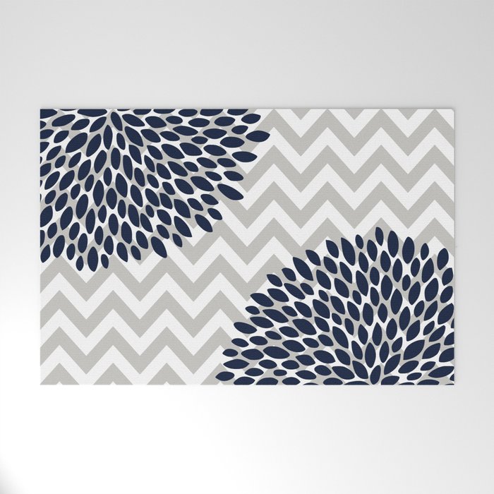 Chevron Floral Modern Navy and Grey Welcome Mat Gallery Image 1