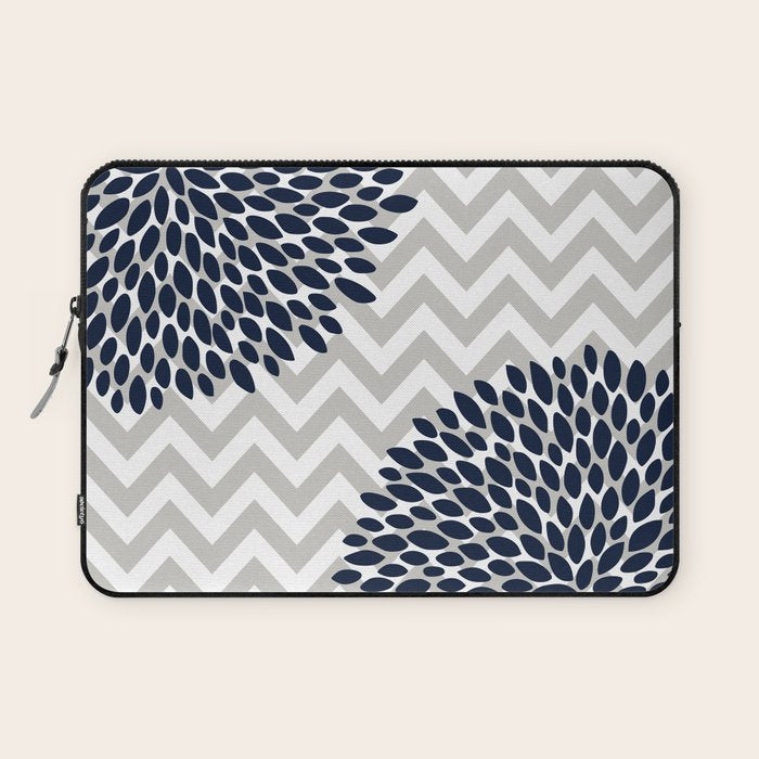 Chevron Floral Modern Navy and Grey Laptop Sleeve Gallery Image 1