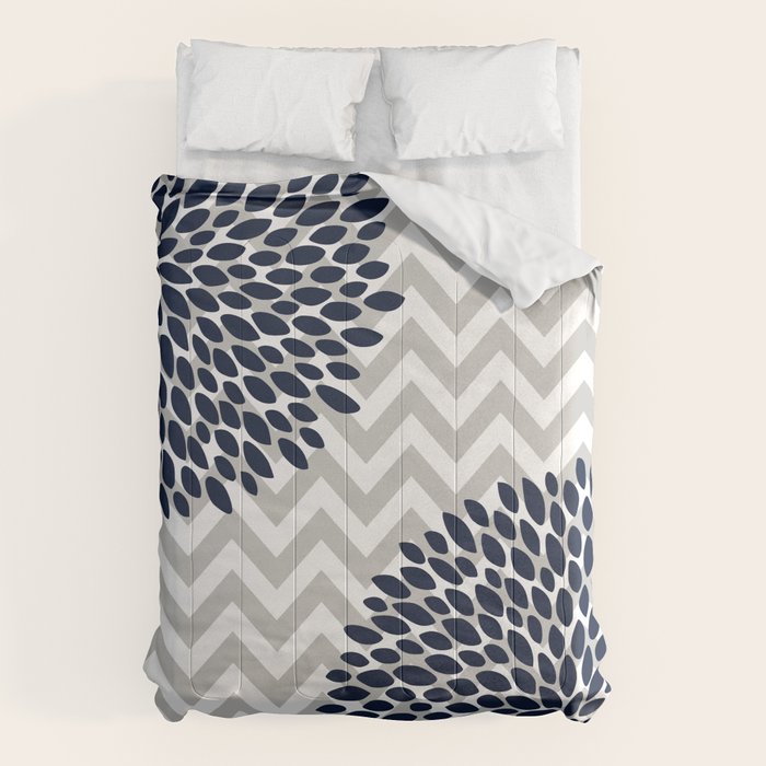 Chevron Floral Modern Navy and Grey Comforter Gallery Image 1