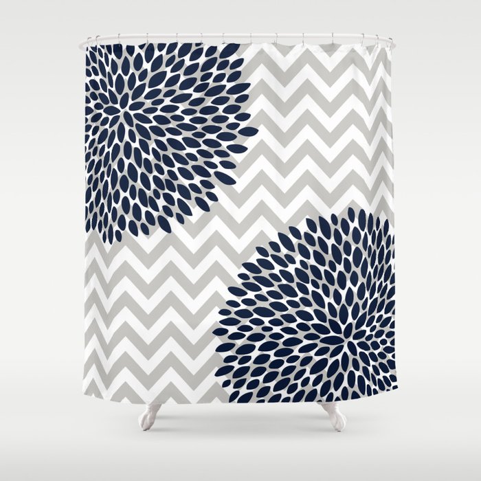 Chevron Floral Modern Navy and Grey Shower Curtain Gallery Image 1