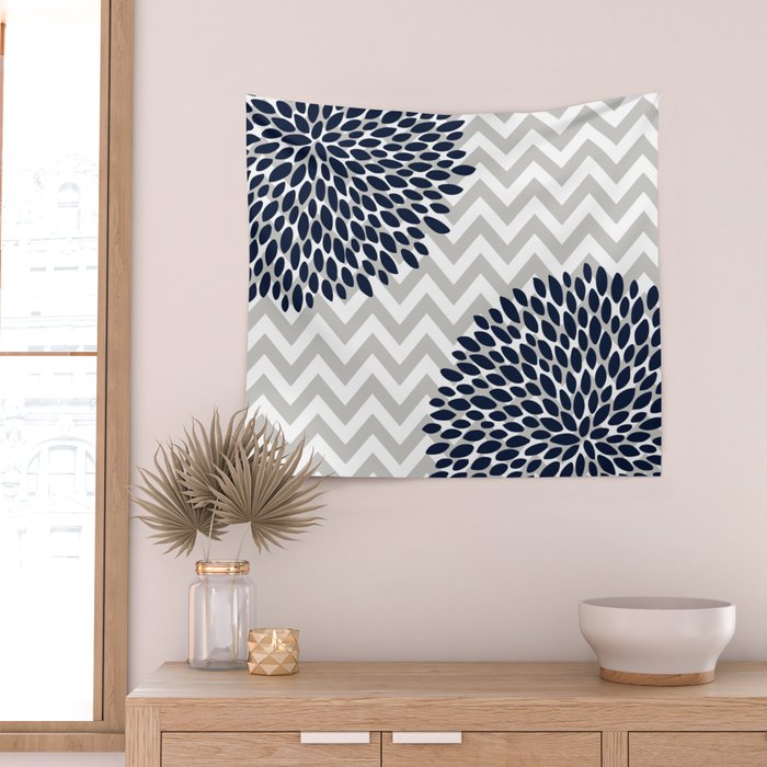 Chevron Floral Modern Navy and Grey Wall Tapestry Gallery Image 2