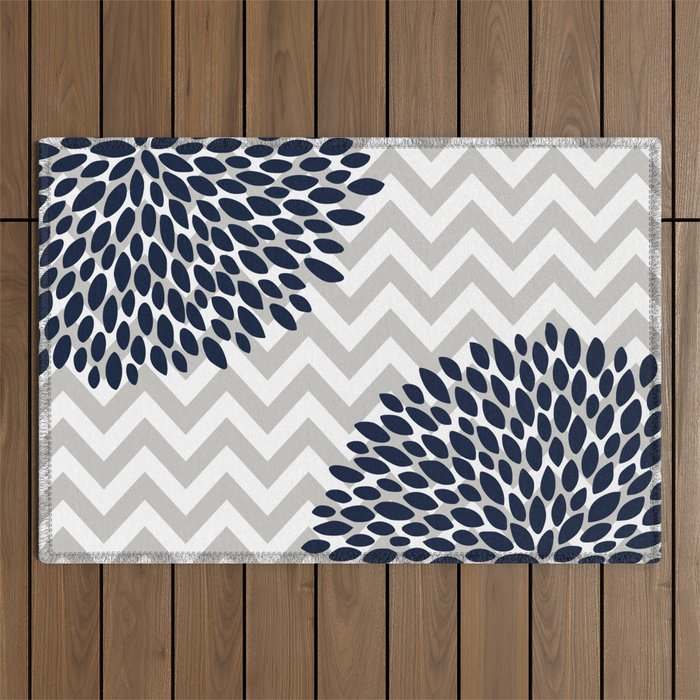 Chevron Floral Modern Navy and Grey Outdoor Rug Gallery Image 1