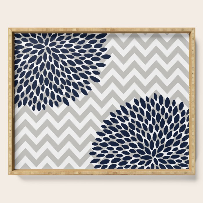 Chevron Floral Modern Navy and Grey Serving Tray Gallery Image 1
