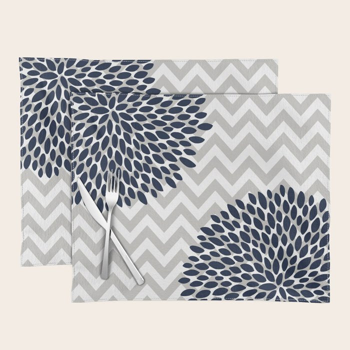 Chevron Floral Modern Navy and Grey Placemat Gallery Image 1