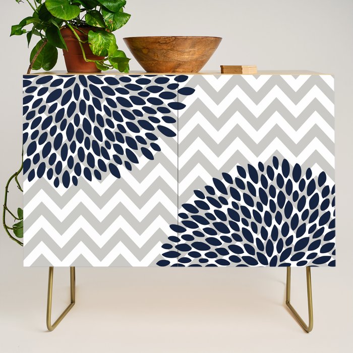 Chevron Floral Modern Navy and Grey Credenza Gallery Image 1