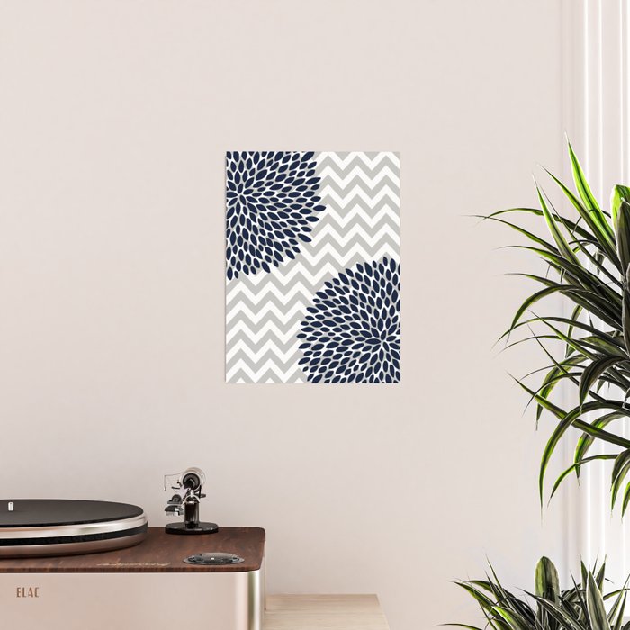 Chevron Floral Modern Navy and Grey Poster Gallery Image 2