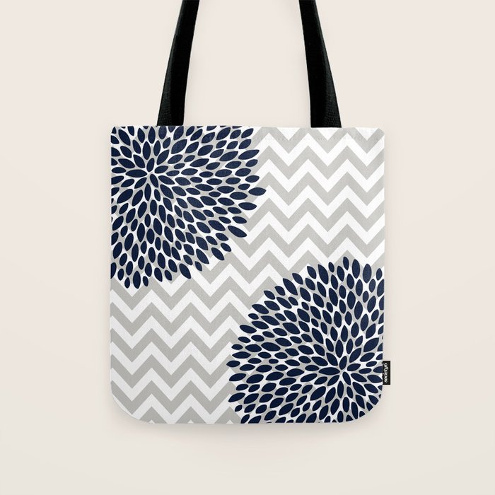 Chevron Floral Modern Navy and Grey Tote Bag Gallery Image 1