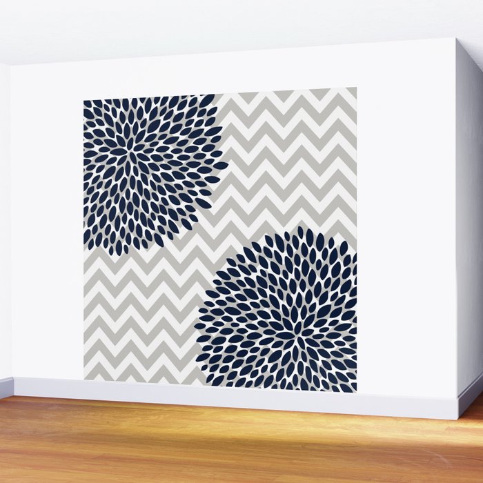 Chevron Floral Modern Navy and Grey Wall Mural Gallery Image 2