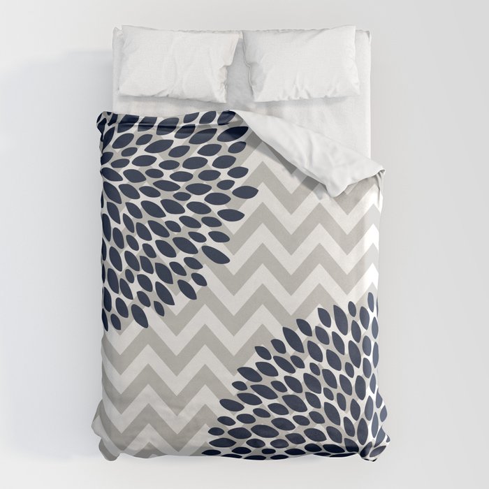 Chevron Floral Modern Navy and Grey Duvet Cover Gallery Image 6