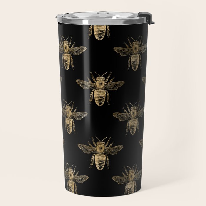 Vintage Gold Honey Bee Black Pattern Travel Mug Gallery Image 2
