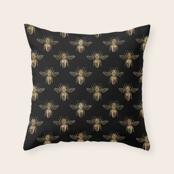 Vintage Gold Honey Bee Black Pattern Throw Pillow Gallery Image 6