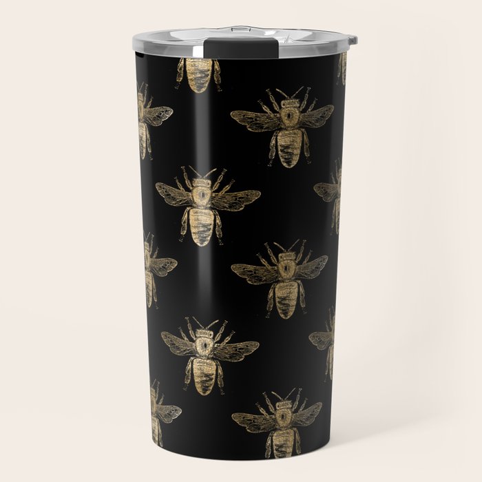 Vintage Gold Honey Bee Black Pattern Travel Mug Gallery Image 1