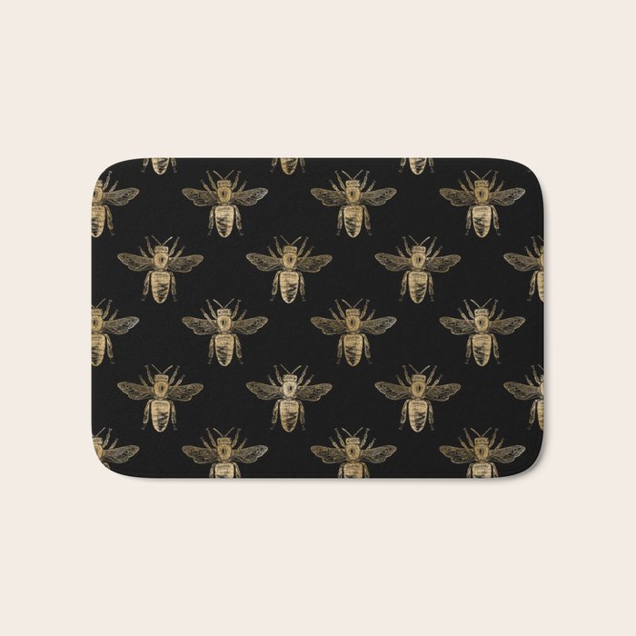 Vintage Gold Honey Bee Black Pattern Bath Mat Gallery Image 1