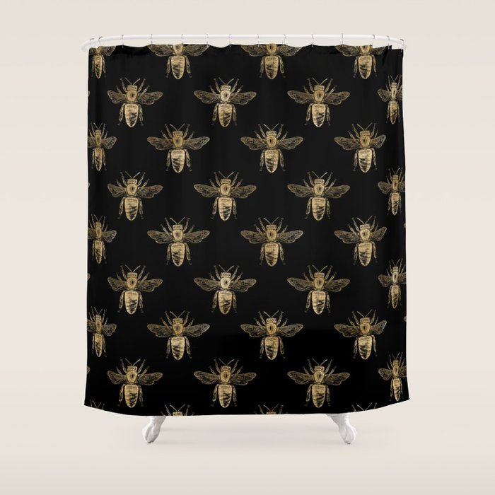 Vintage Gold Honey Bee Black Pattern Shower Curtain Gallery Image 1