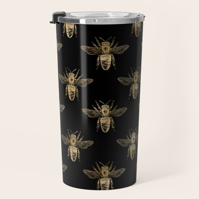 Vintage Gold Honey Bee Black Pattern Travel Mug Gallery Image 3
