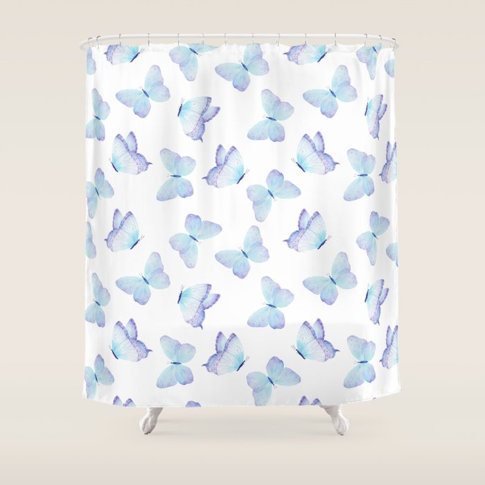 Lilac aqua blue watercolor hand painted butterfly Shower Curtain Gallery Image 1