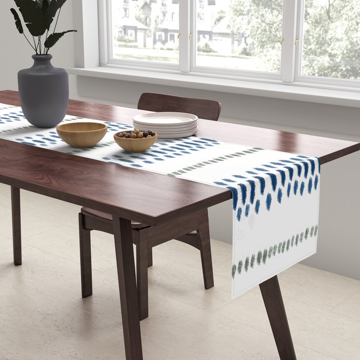 Navy Blue And Sage Green on White Table Runner Gallery Image 2