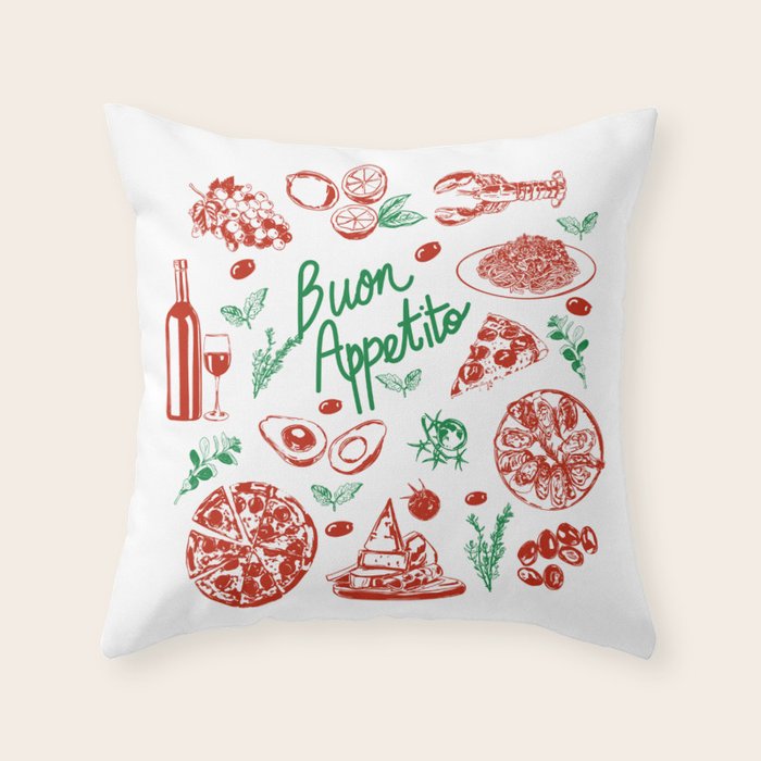 Buon Appetito Italian Food Doodles Illustration Throw Pillow Gallery Image 1