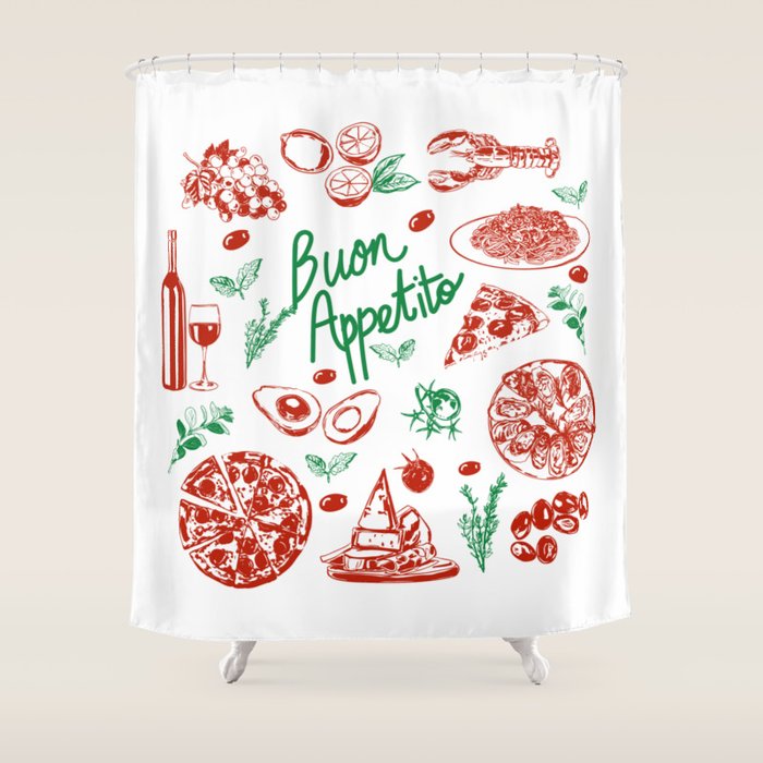 Buon Appetito Italian Food Doodles Illustration Shower Curtain Gallery Image 1