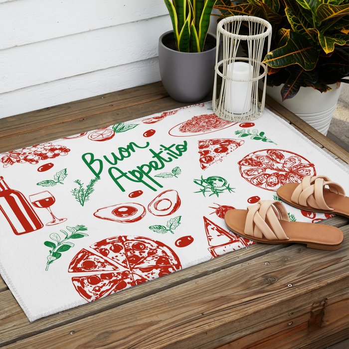 Buon Appetito Italian Food Doodles Illustration Outdoor Rug Gallery Image 2