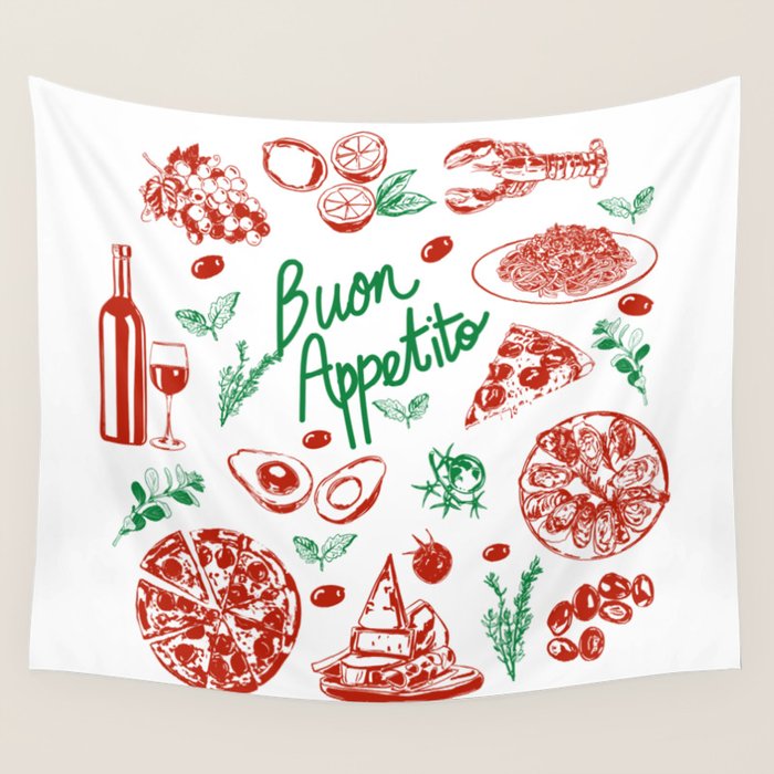 Buon Appetito Italian Food Doodles Illustration Wall Tapestry Gallery Image 4