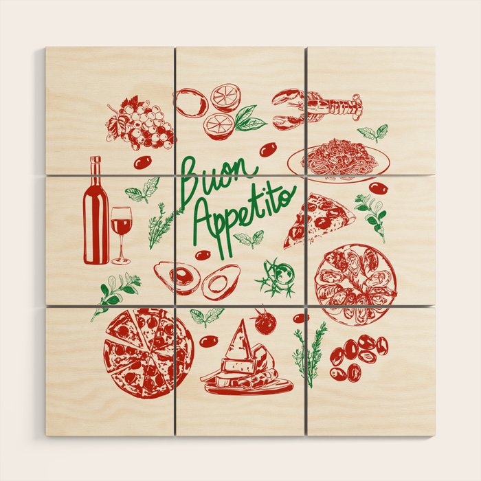 Buon Appetito Italian Food Doodles Illustration Wood Wall Art Gallery Image 1
