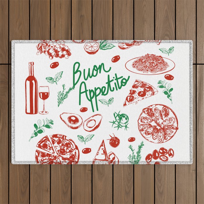 Buon Appetito Italian Food Doodles Illustration Outdoor Rug Gallery Image 1