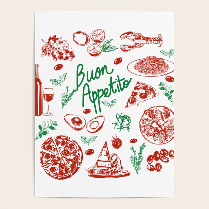 Buon Appetito Italian Food Doodles Illustration Poster Gallery Image 1