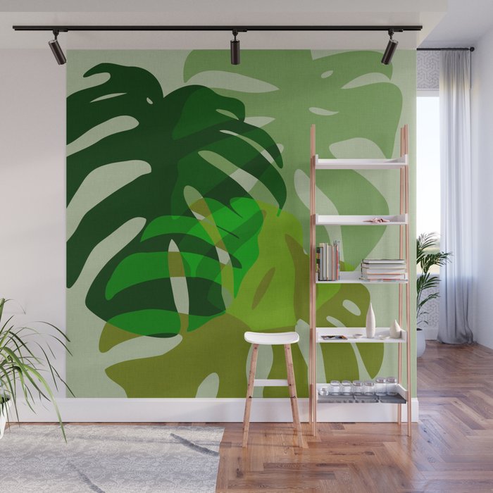 monstera leaf greenery minimal cut outs composition Wall Mural Gallery Image 1